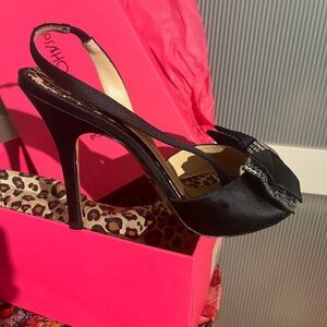 Betsy Johnson Black Satin Stilettos Rhinestone Embellished Bow - W9